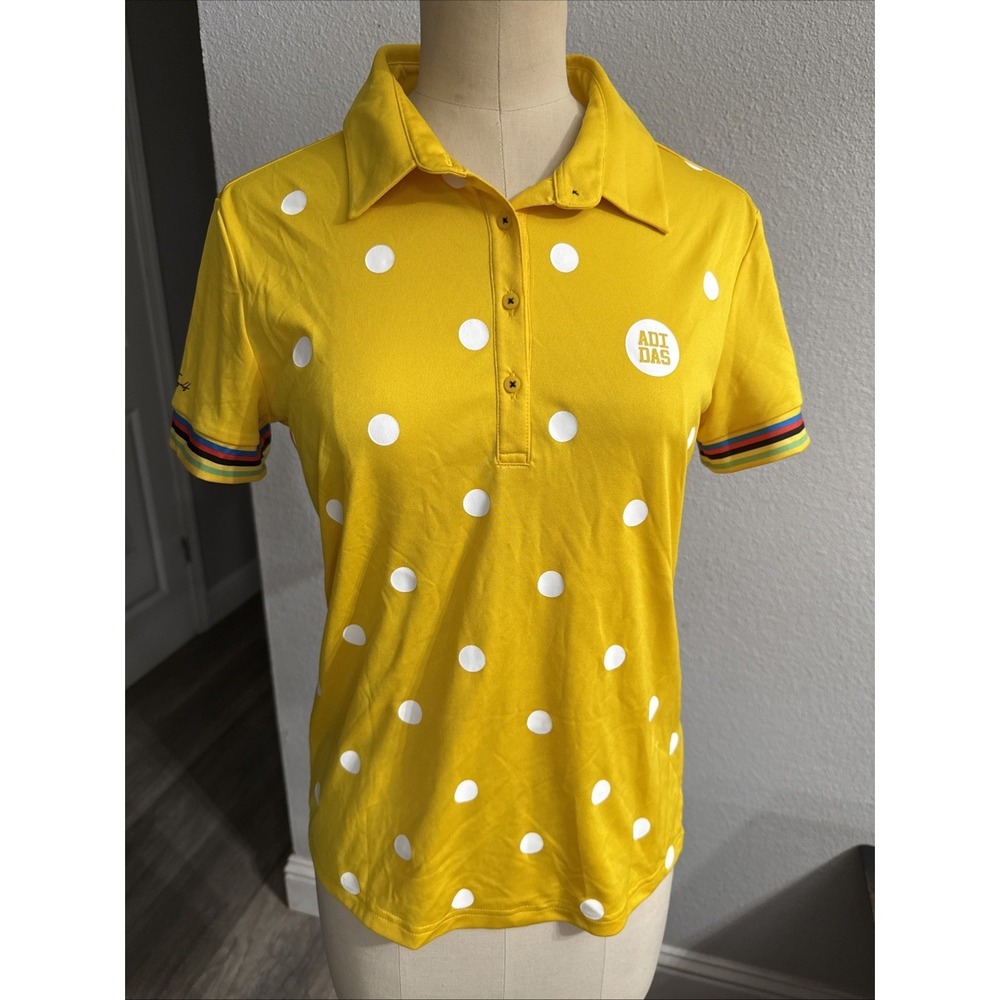 Adidas Golf Shirt Womens Yellow Polka Dot Rainbow Trim Polo CV8771 Rare Sz Small